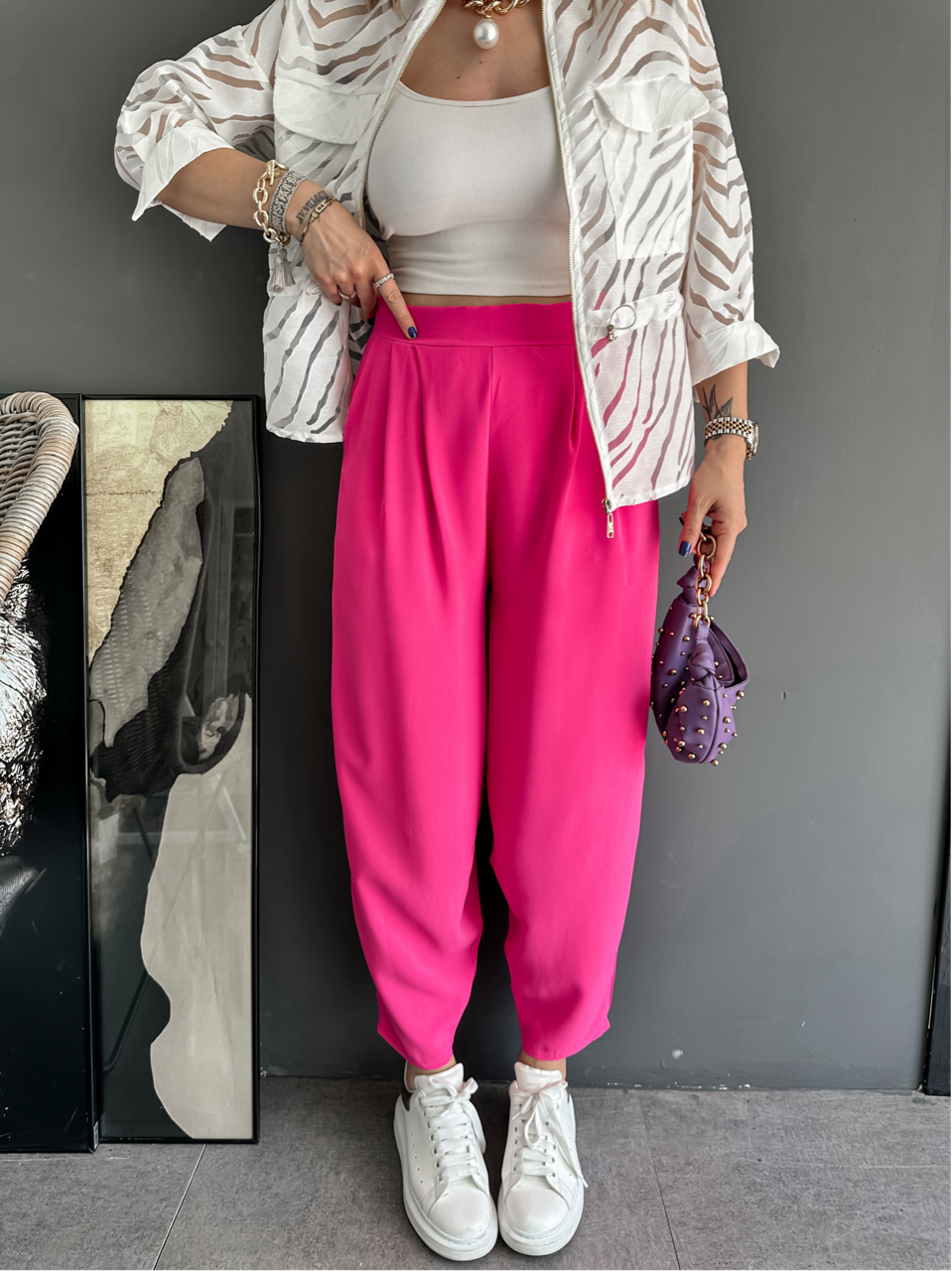 Pembe Beli Lastikli Pilili Pantolon
