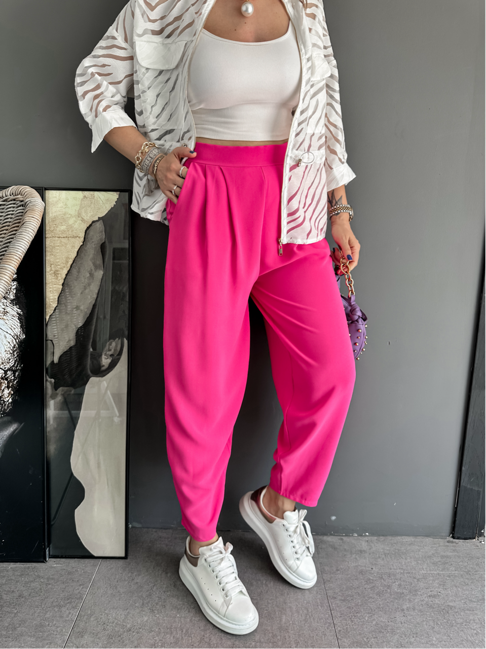 Pembe Beli Lastikli Pilili Pantolon