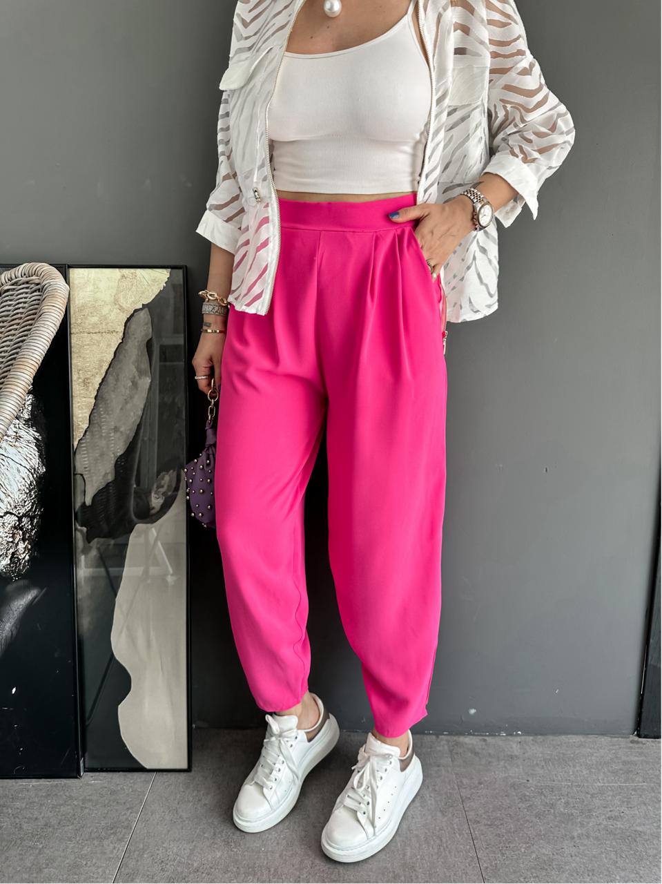Pembe Beli Lastikli Pilili Pantolon