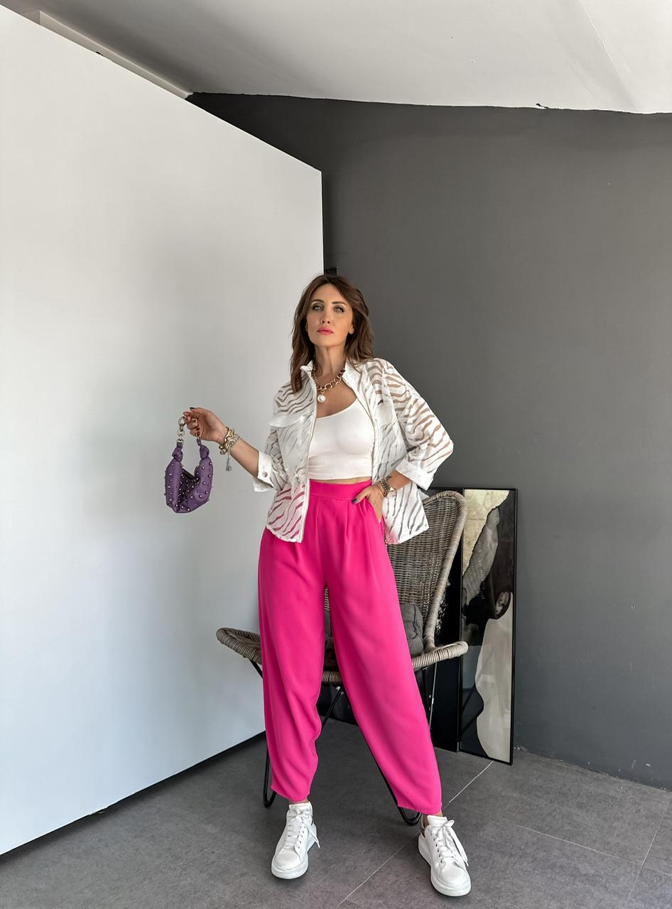 Pembe Beli Lastikli Pilili Pantolon