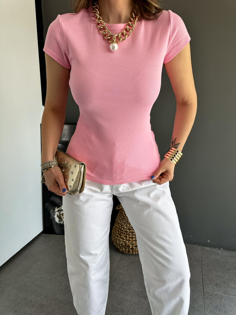 Pembe Bisiklet Yaka Cotton Tshirt
