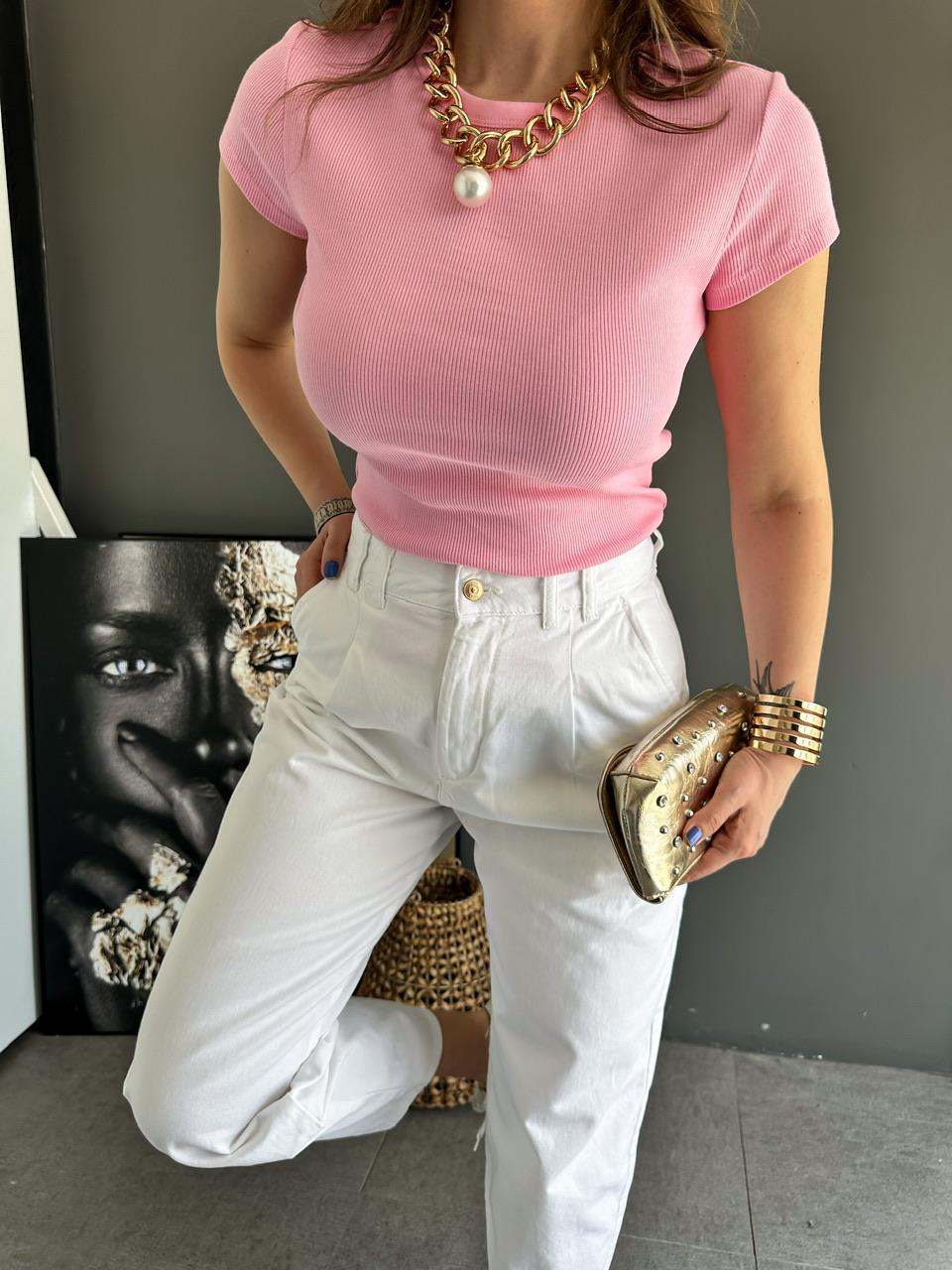 Pembe Bisiklet Yaka Cotton Tshirt