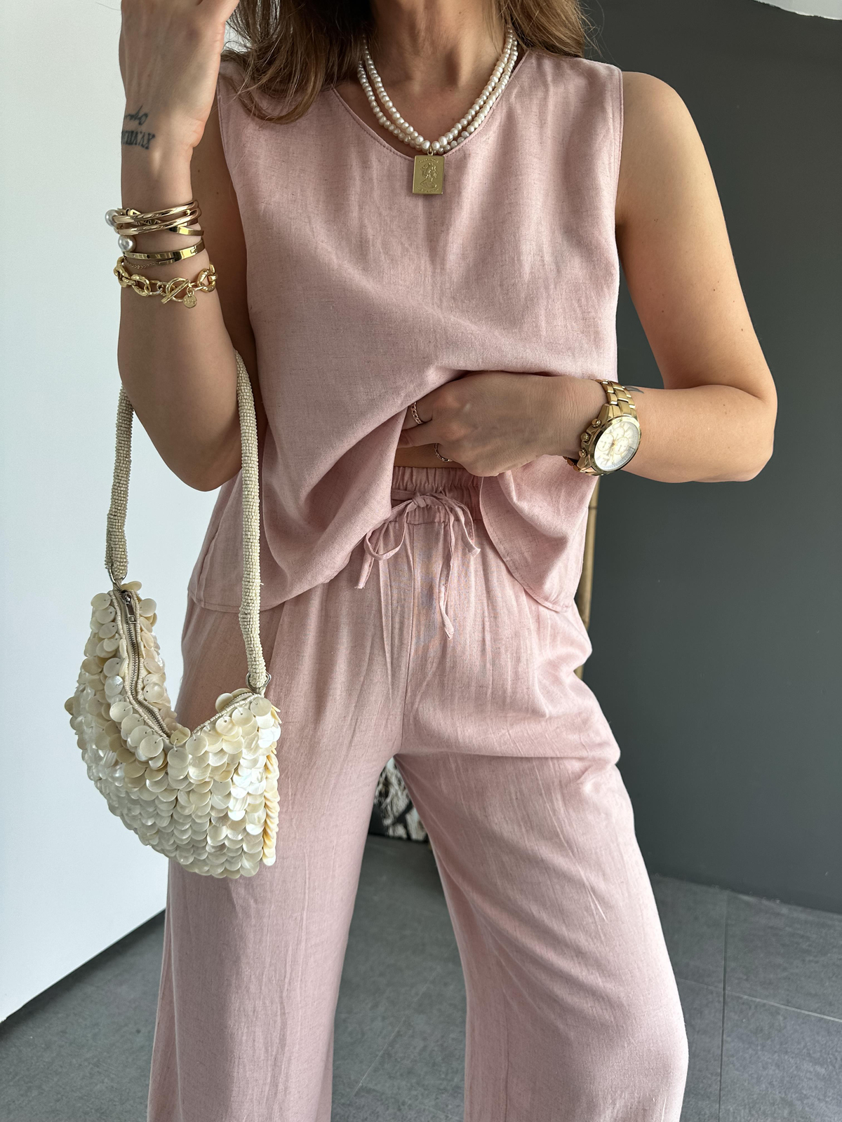 Pembe Bluz Pantolon Keten Takım