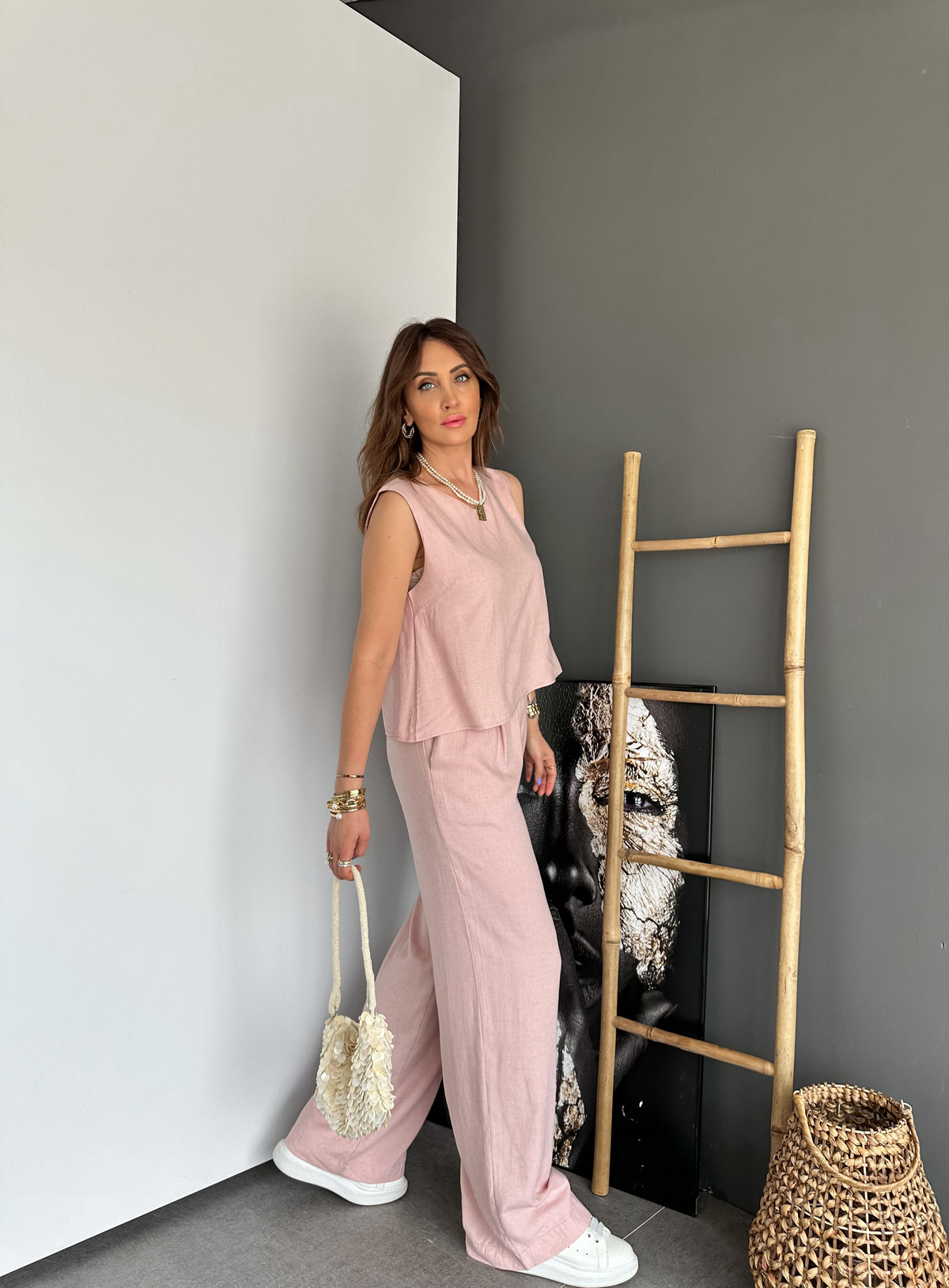 Pembe Bluz Pantolon Keten Takım