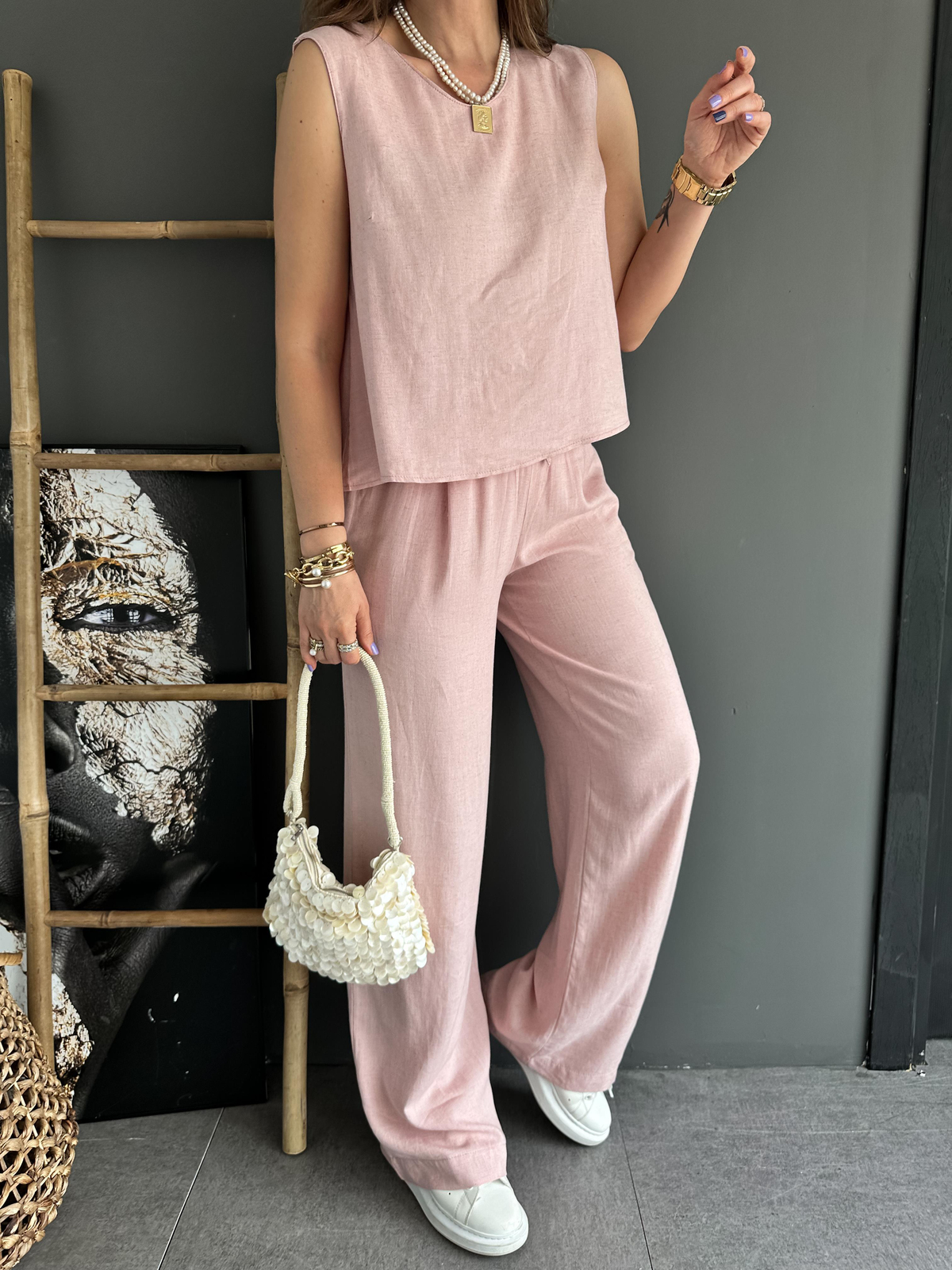 Pembe Bluz Pantolon Keten Takım