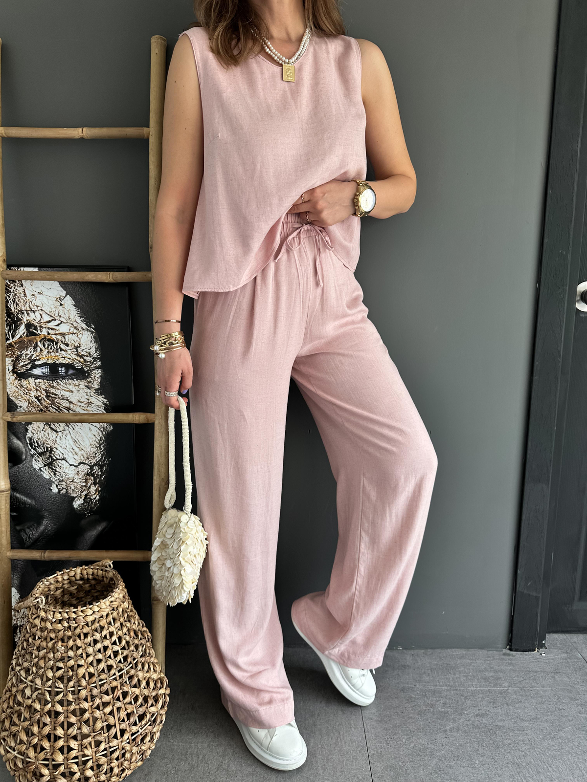 Pembe Bluz Pantolon Keten Takım