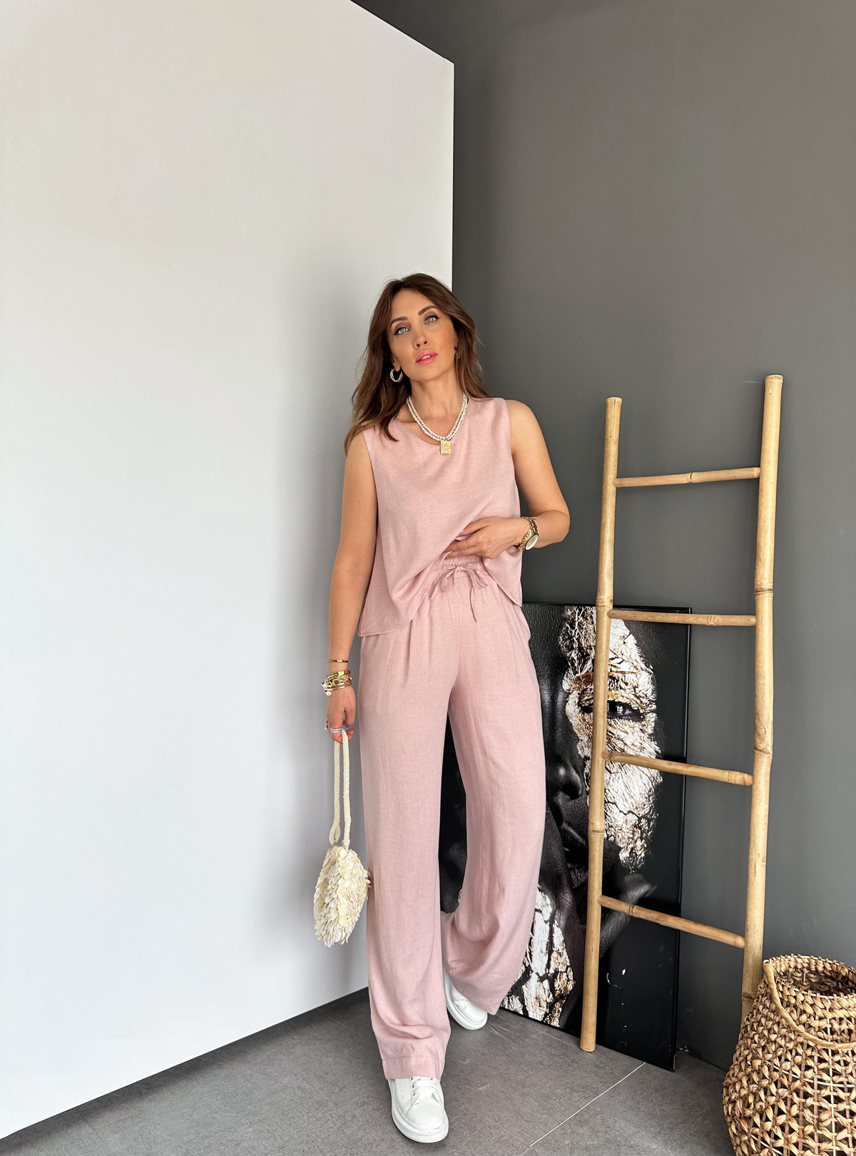 Pembe Bluz Pantolon Keten Takım