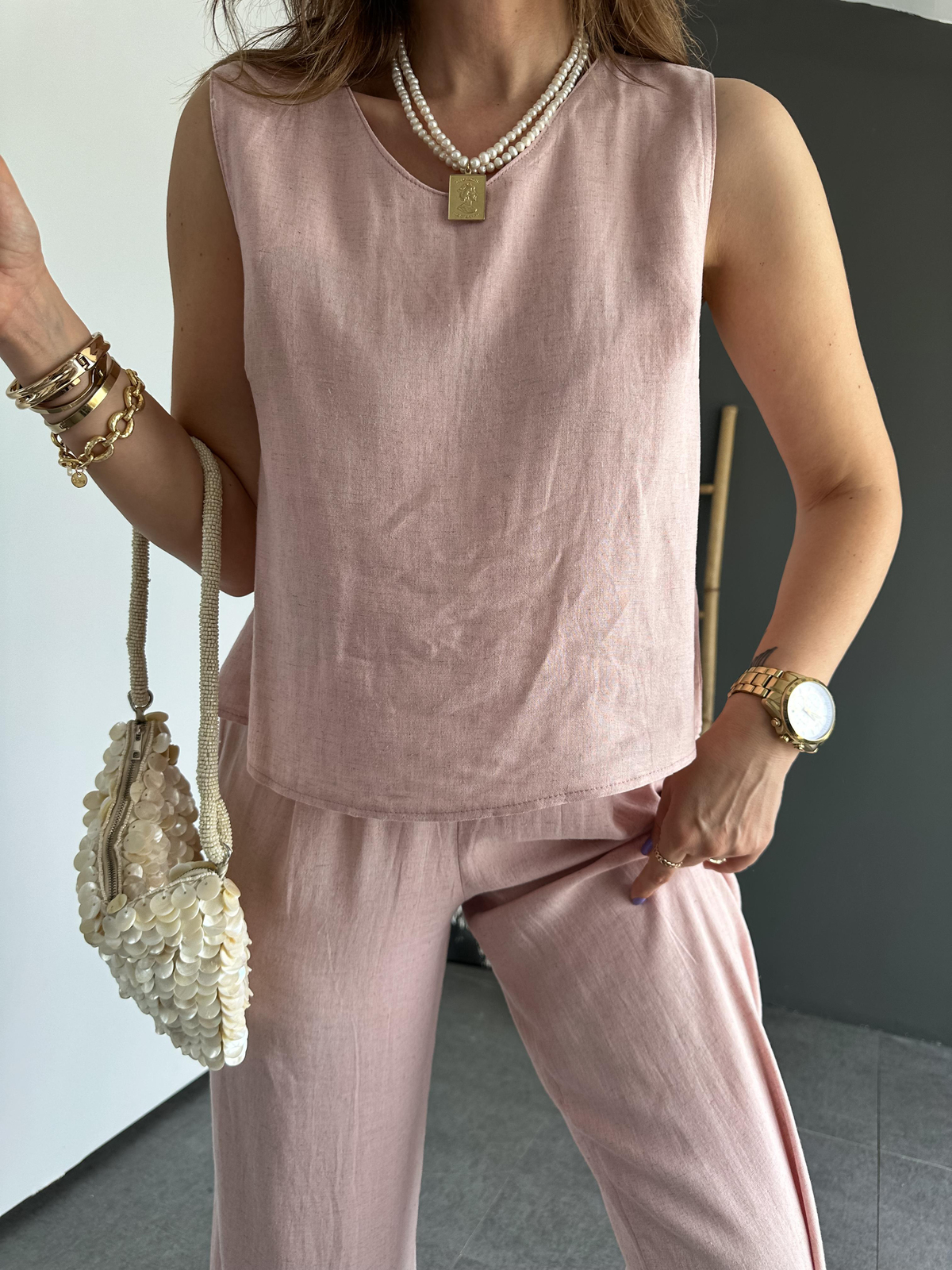 Pembe Bluz Pantolon Keten Takım