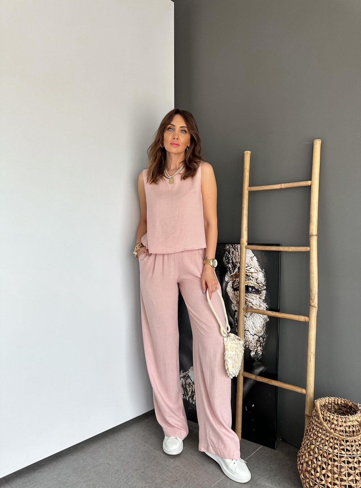 Pembe Bluz Pantolon Keten Takım