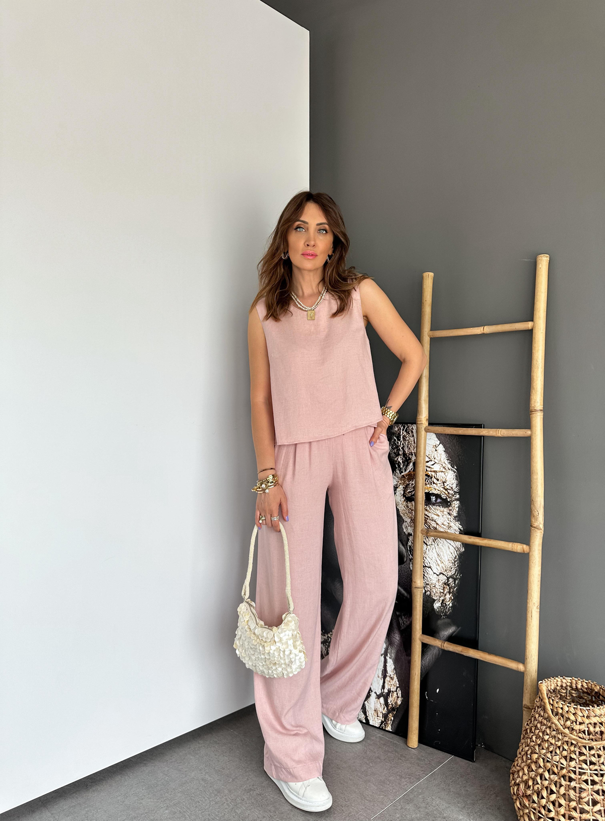 Pembe Bluz Pantolon Keten Takım