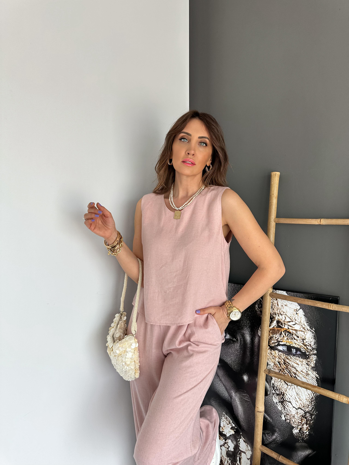 Pembe Bluz Pantolon Keten Takım