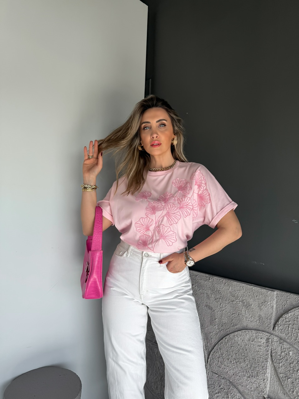 Pembe Boncuk İşlemeli Cotton Tshirt