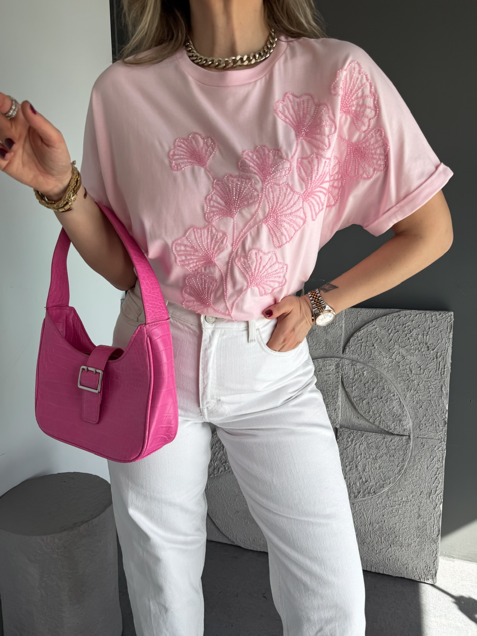 Pembe Boncuk İşlemeli Cotton Tshirt