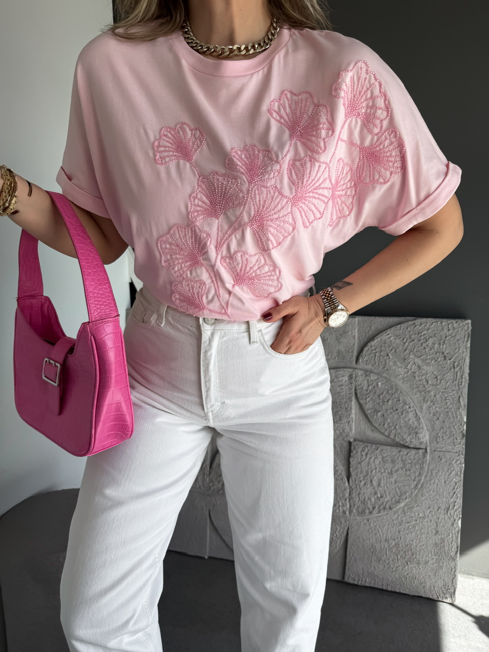 Pembe Boncuk İşlemeli Cotton Tshirt