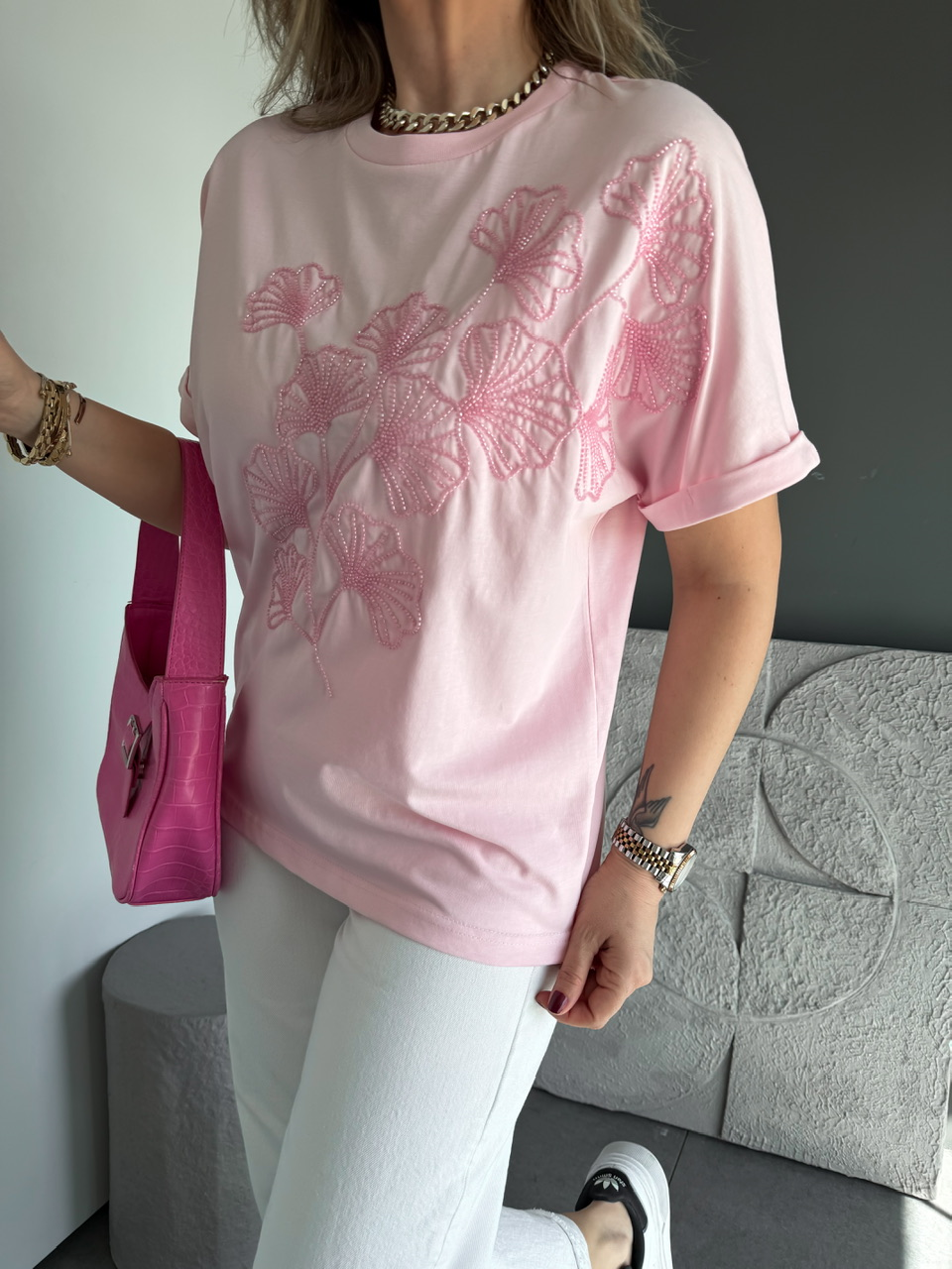 Pembe Boncuk İşlemeli Cotton Tshirt