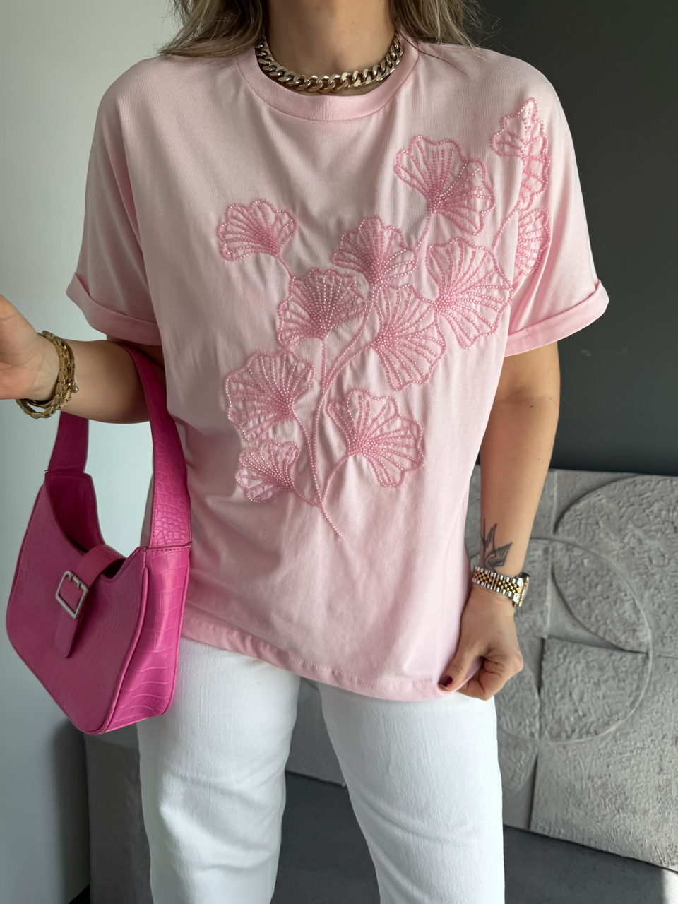 Pembe Boncuk İşlemeli Cotton Tshirt