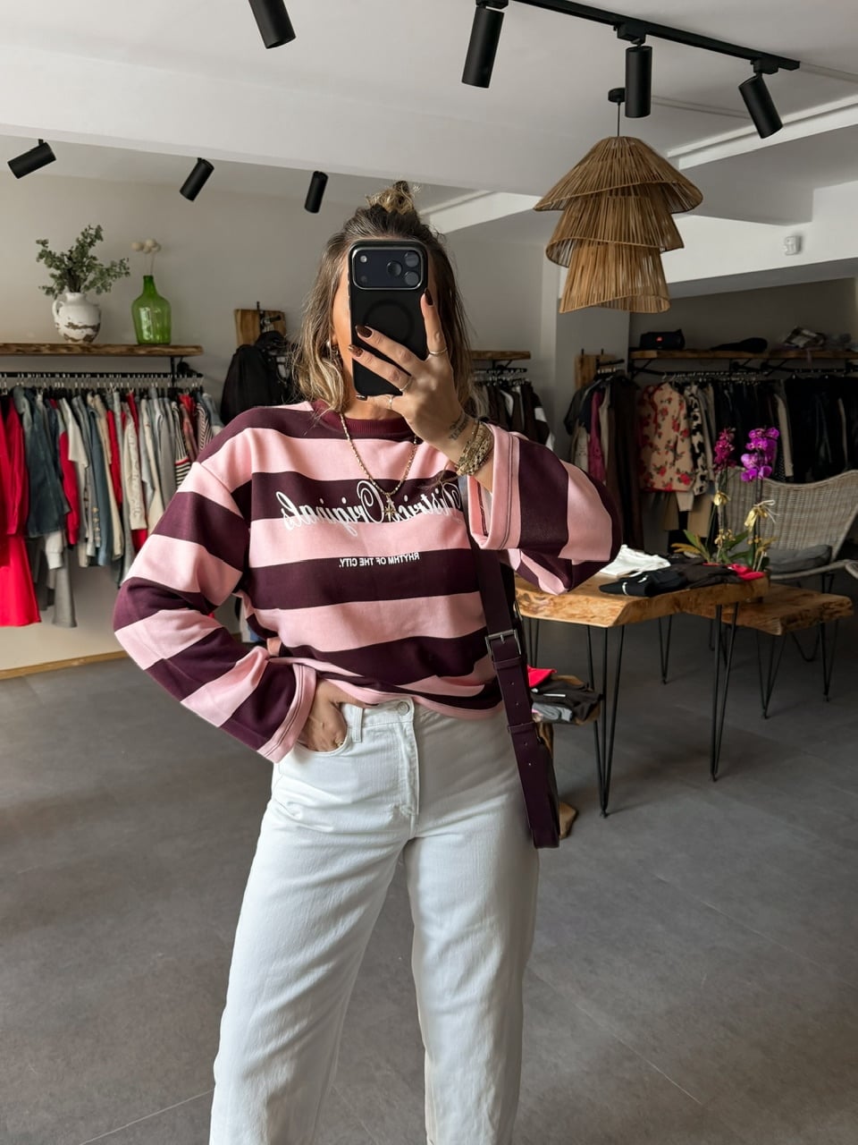Pembe Bordo Çizgili Yazılı Sweatshirt