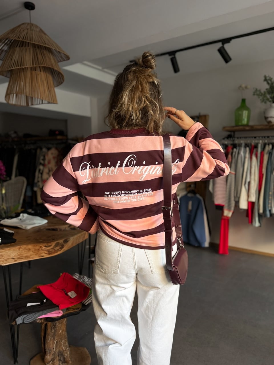 Pembe Bordo Çizgili Yazılı Sweatshirt