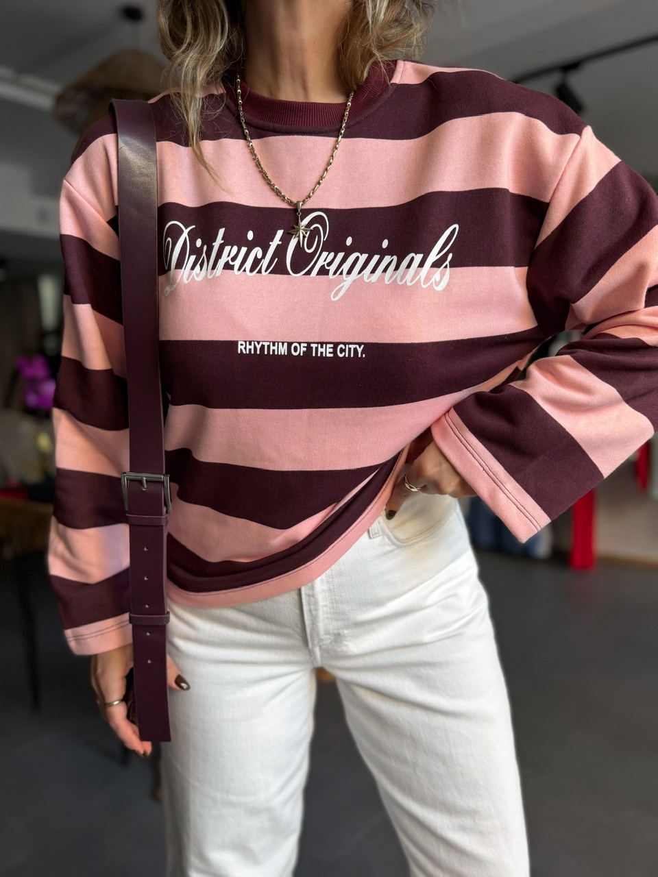 Pembe Bordo Çizgili Yazılı Sweatshirt