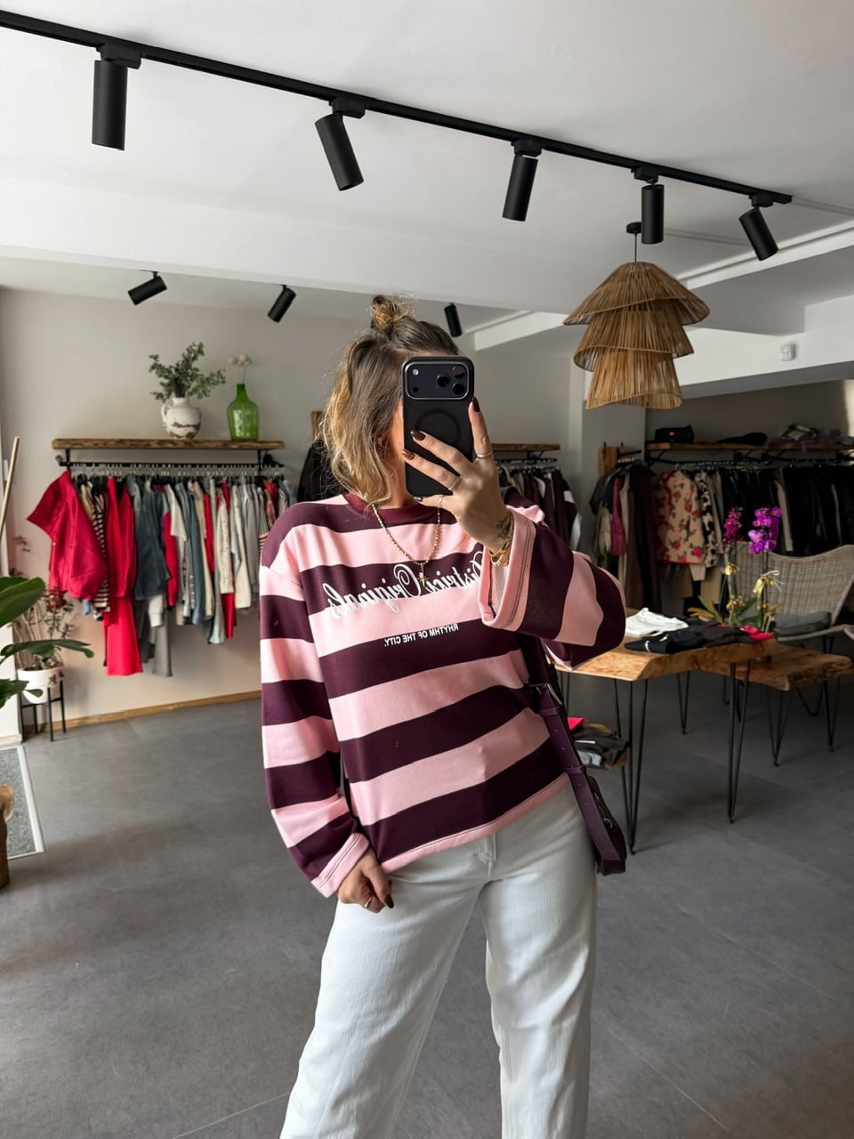 Pembe Bordo Çizgili Yazılı Sweatshirt