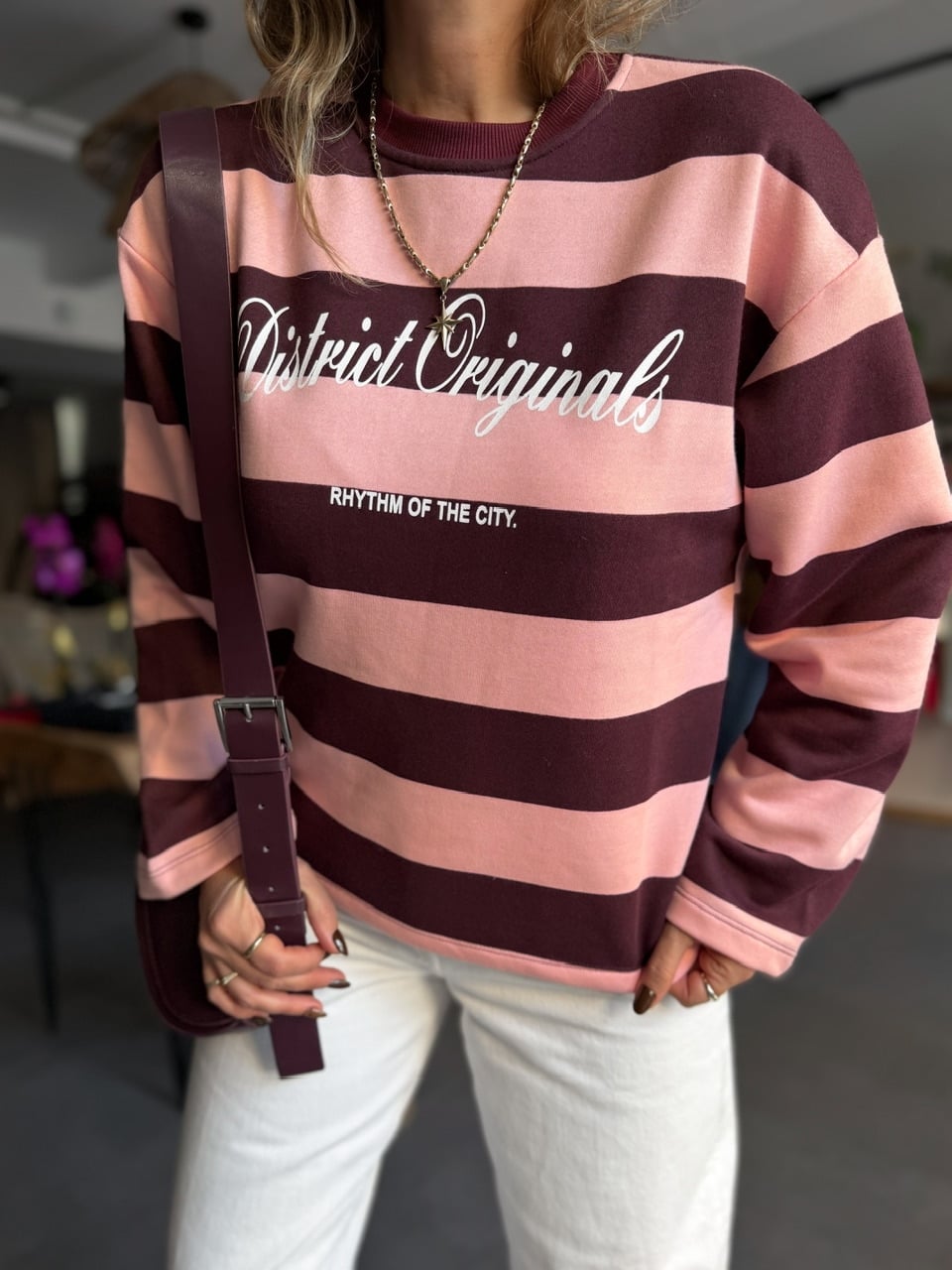 Pembe Bordo Çizgili Yazılı Sweatshirt