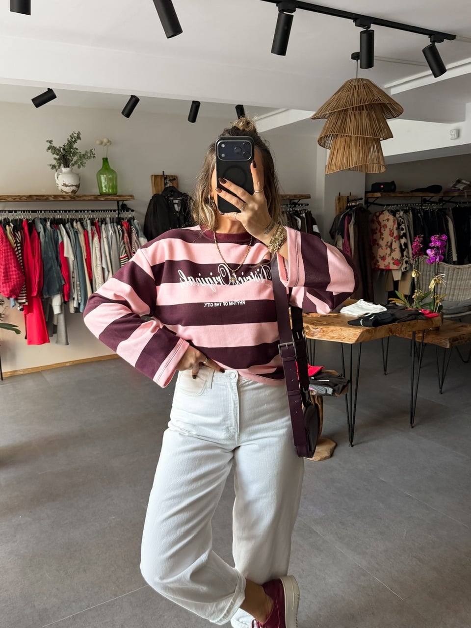 Pembe Bordo Çizgili Yazılı Sweatshirt