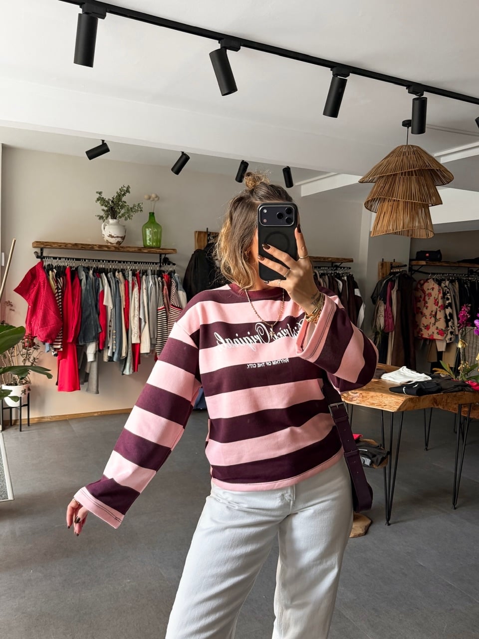 Pembe Bordo Çizgili Yazılı Sweatshirt