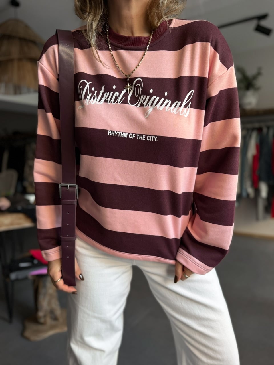 Pembe Bordo Çizgili Yazılı Sweatshirt