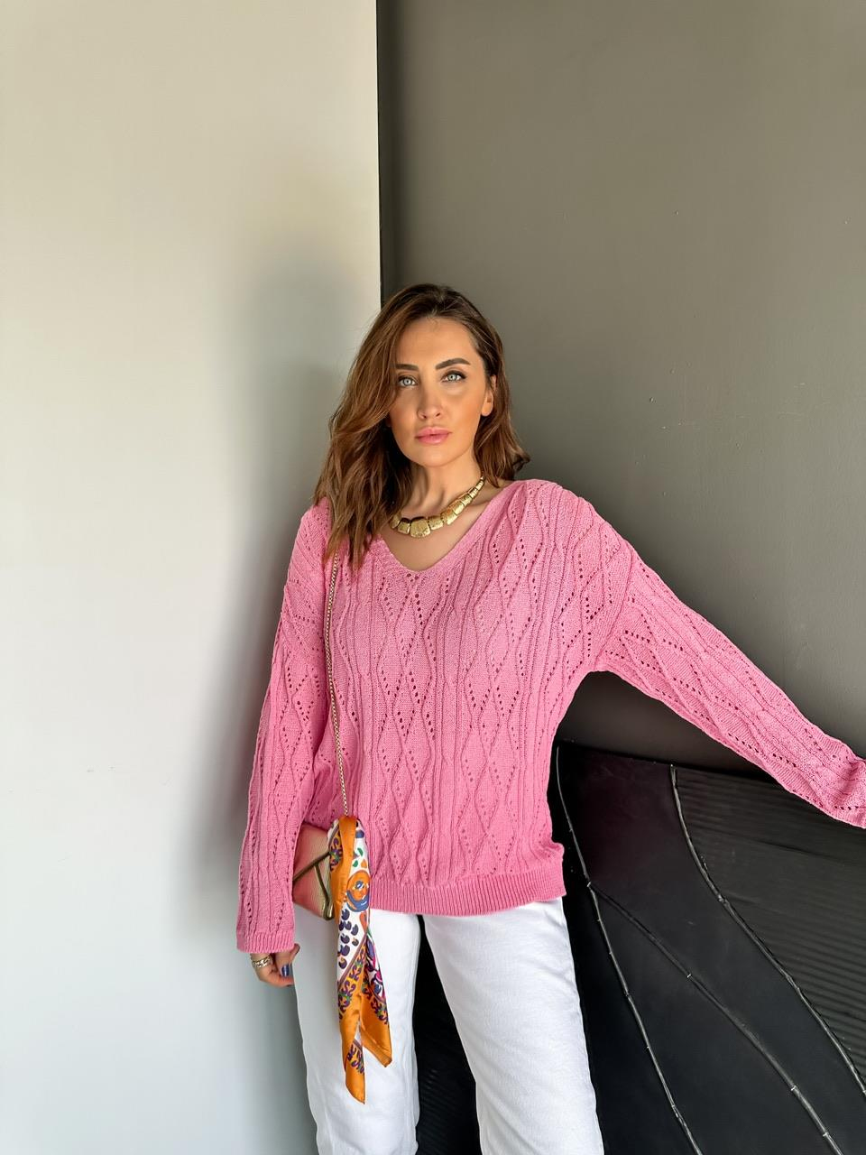 Pembe Çapraz İpli Merserize Kazak