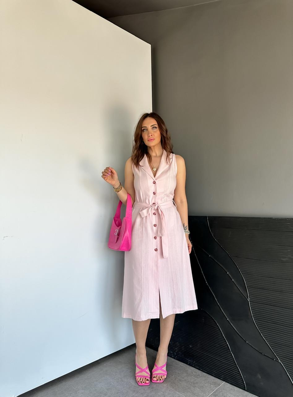 Pembe Ceket Yaka Düğmeli Keten Elbise