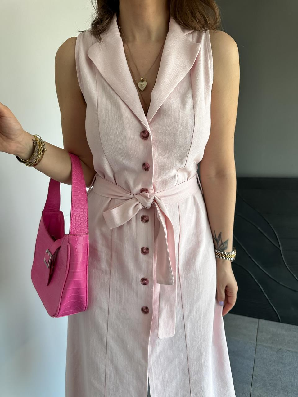 Pembe Ceket Yaka Düğmeli Keten Elbise