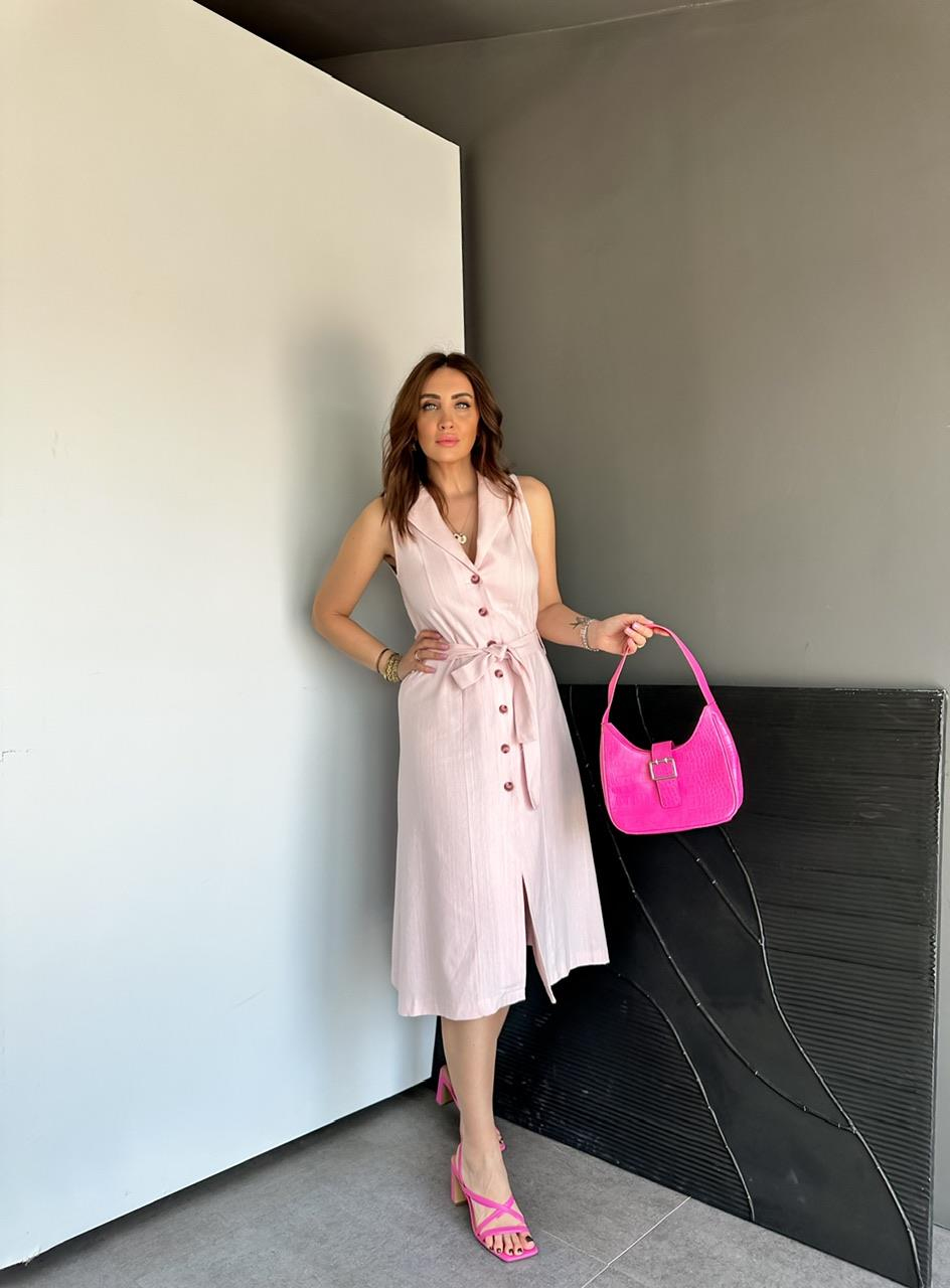 Pembe Ceket Yaka Düğmeli Keten Elbise
