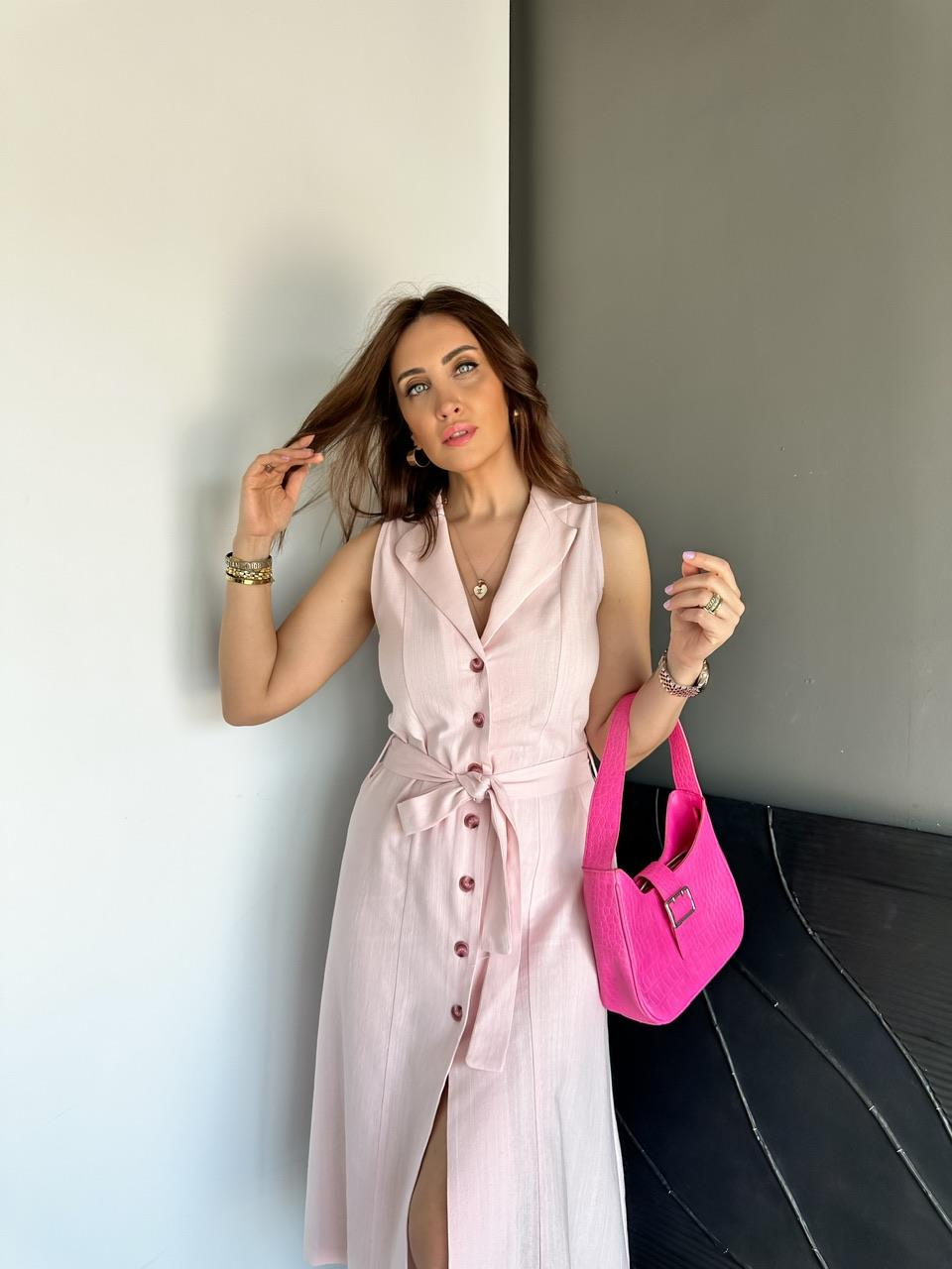 Pembe Ceket Yaka Düğmeli Keten Elbise