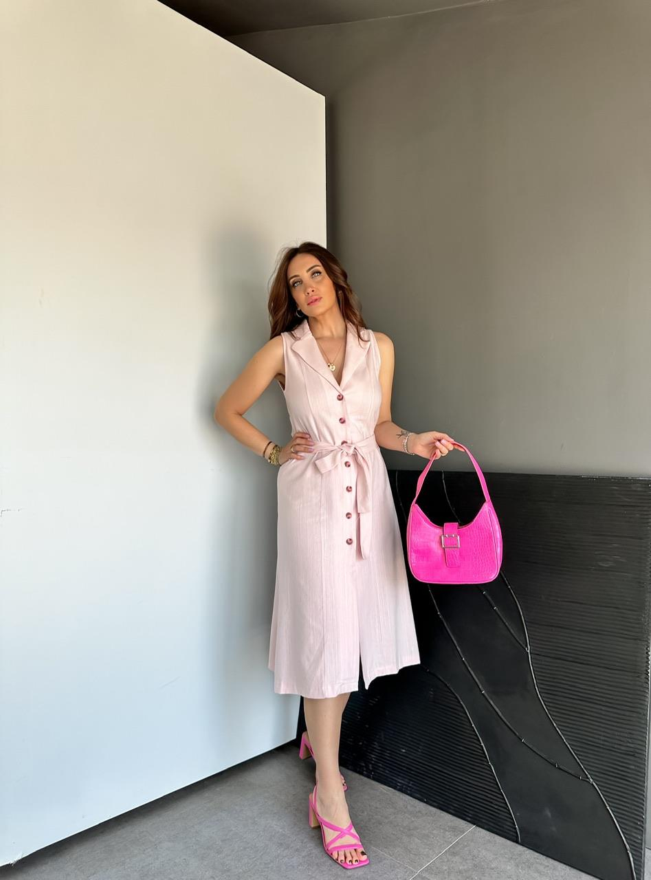 Pembe Ceket Yaka Düğmeli Keten Elbise