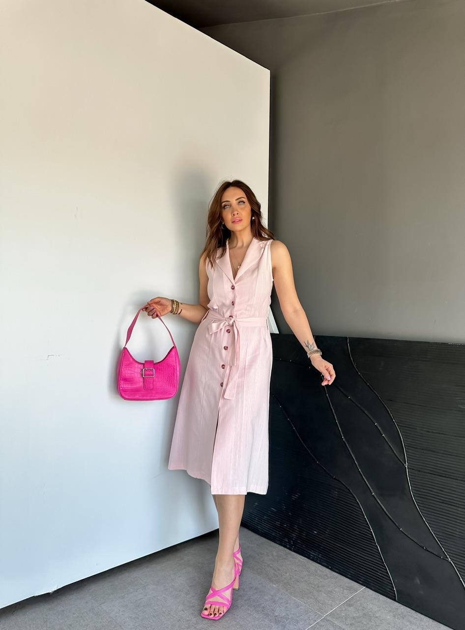 Pembe Ceket Yaka Düğmeli Keten Elbise