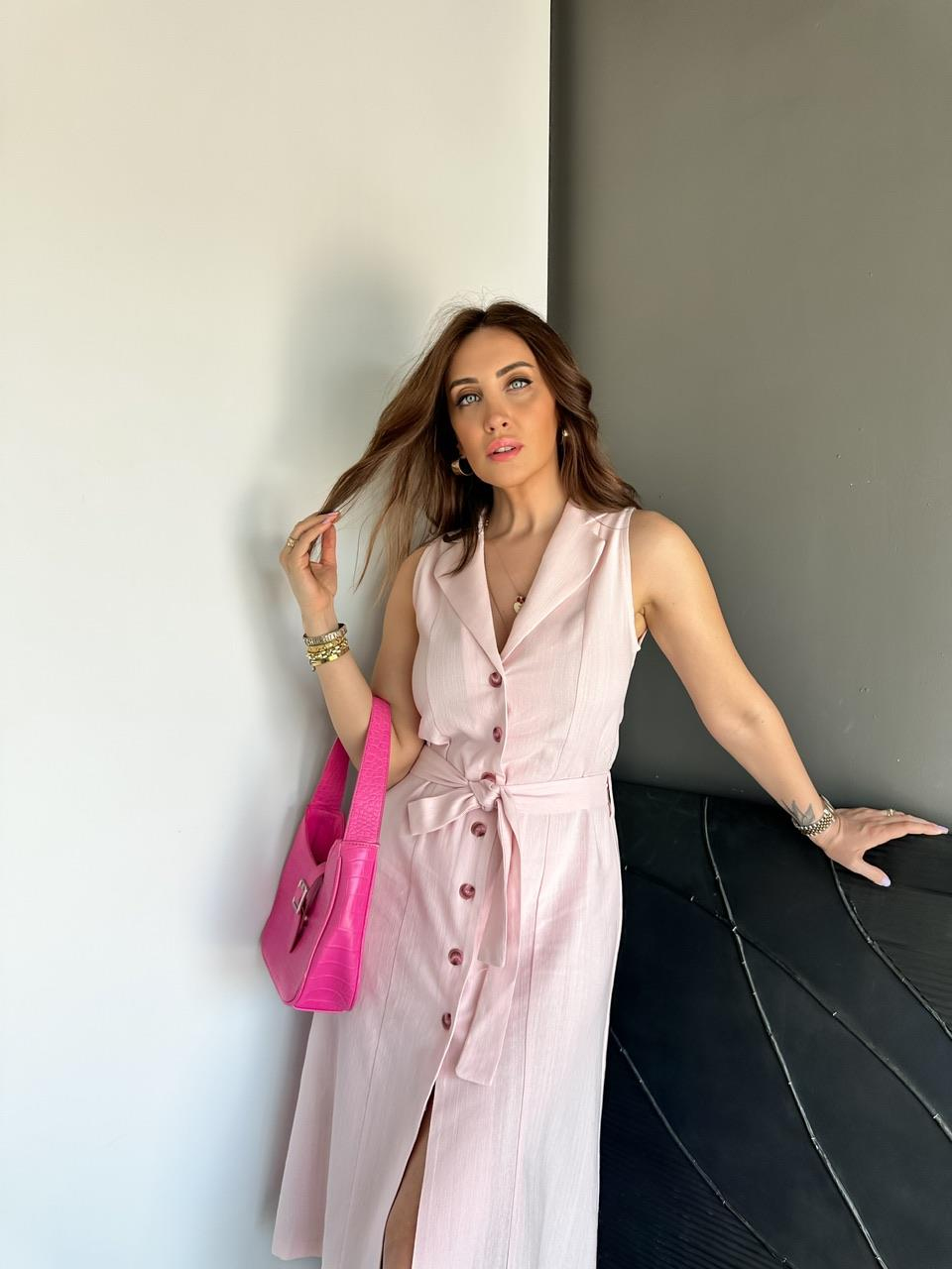 Pembe Ceket Yaka Düğmeli Keten Elbise