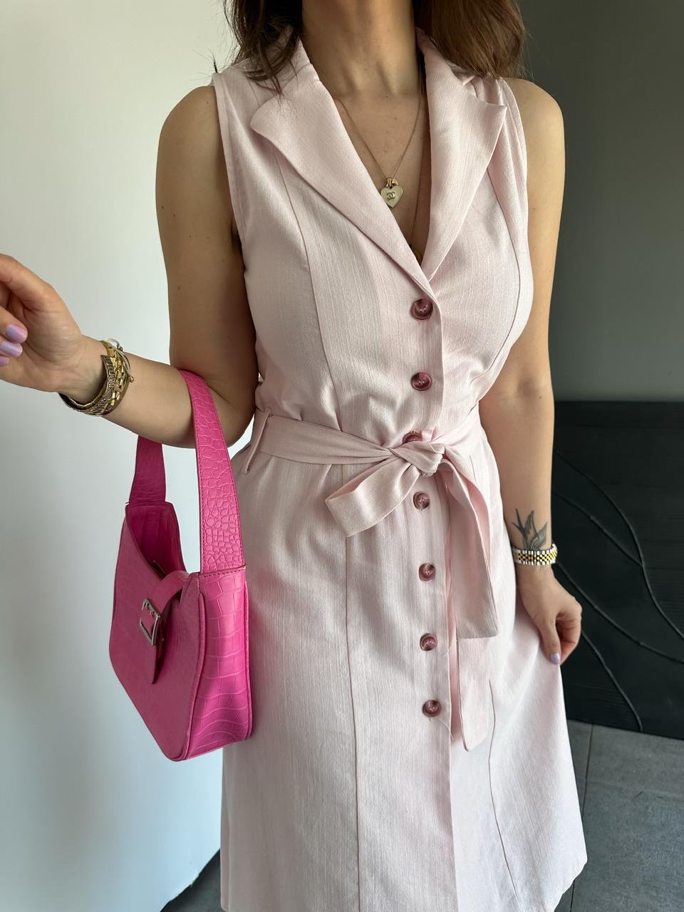 Pembe Ceket Yaka Düğmeli Keten Elbise