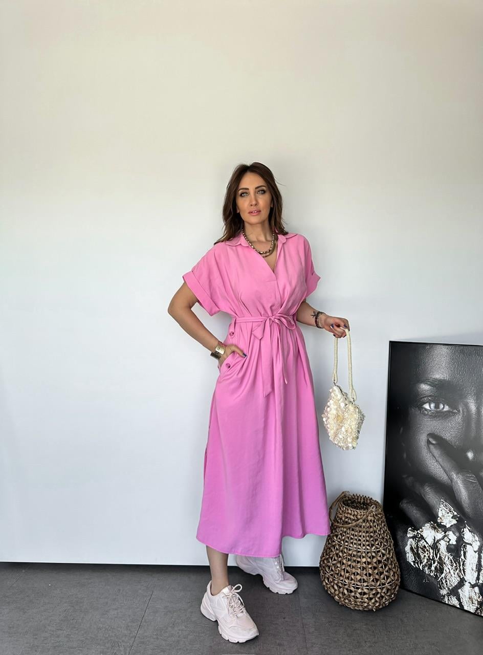 Pembe Cepli Düğmeli Modal Elbise