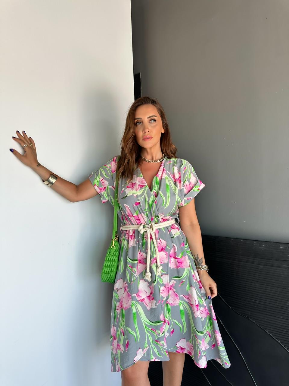 Pembe Çiçekli Halat Kemerli Elbise