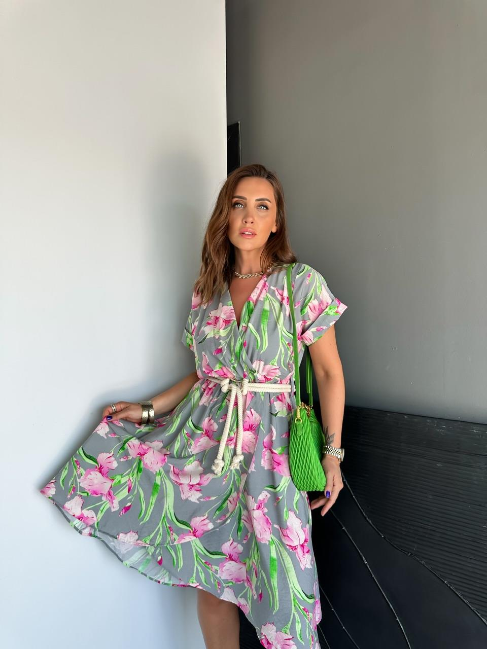Pembe Çiçekli Halat Kemerli Elbise