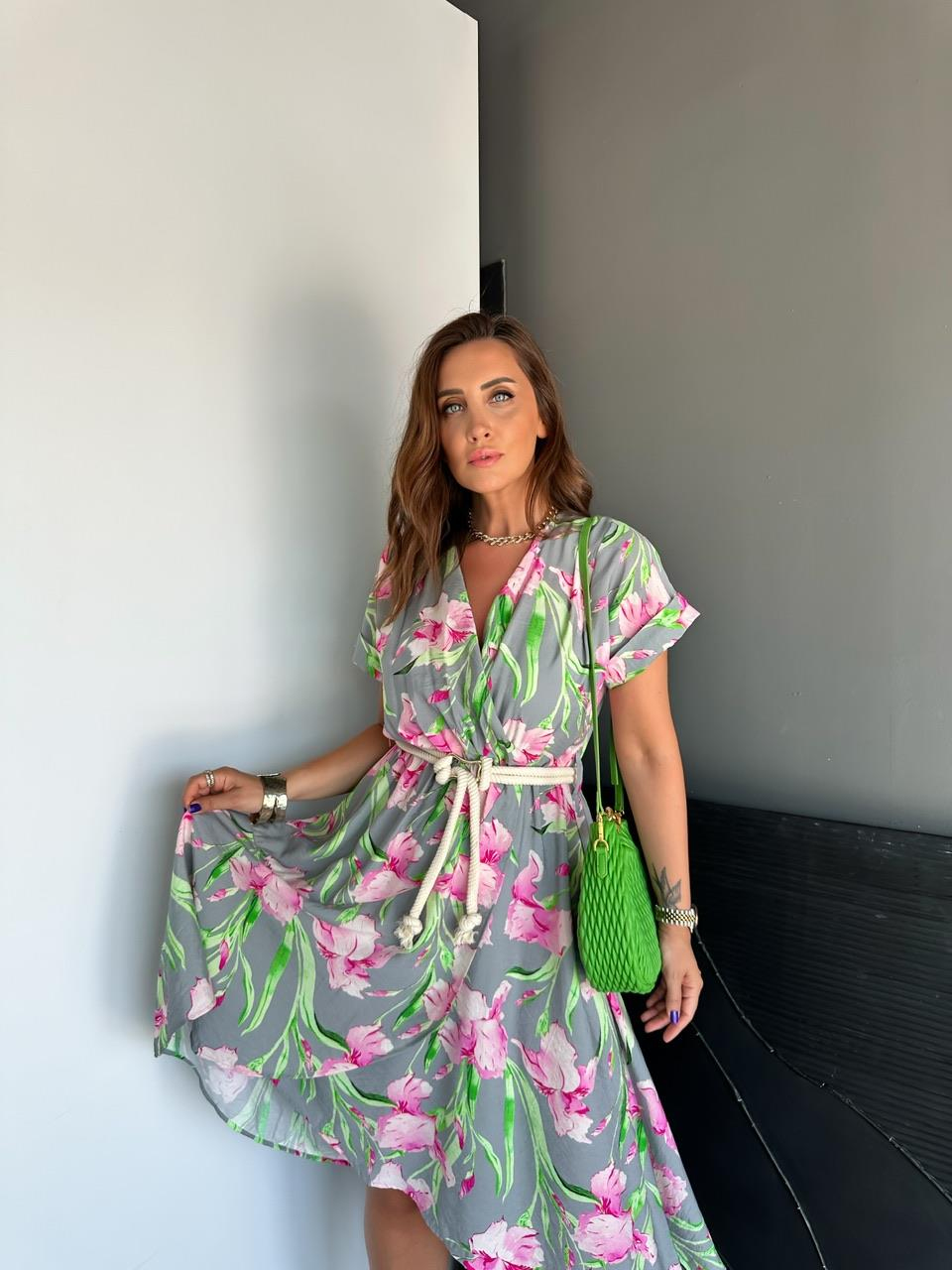 Pembe Çiçekli Halat Kemerli Elbise