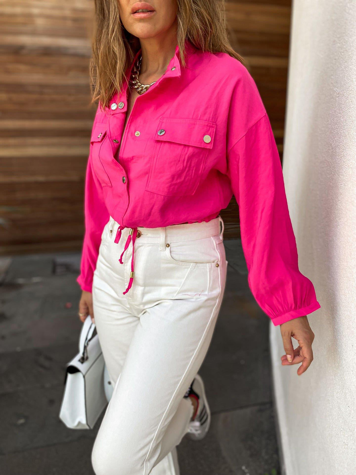 Pembe Çıtçıtlı Beli İpli Ceket