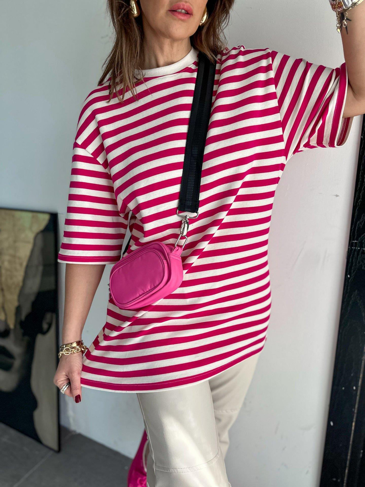 Pembe Çizgili Cotton Tshirt