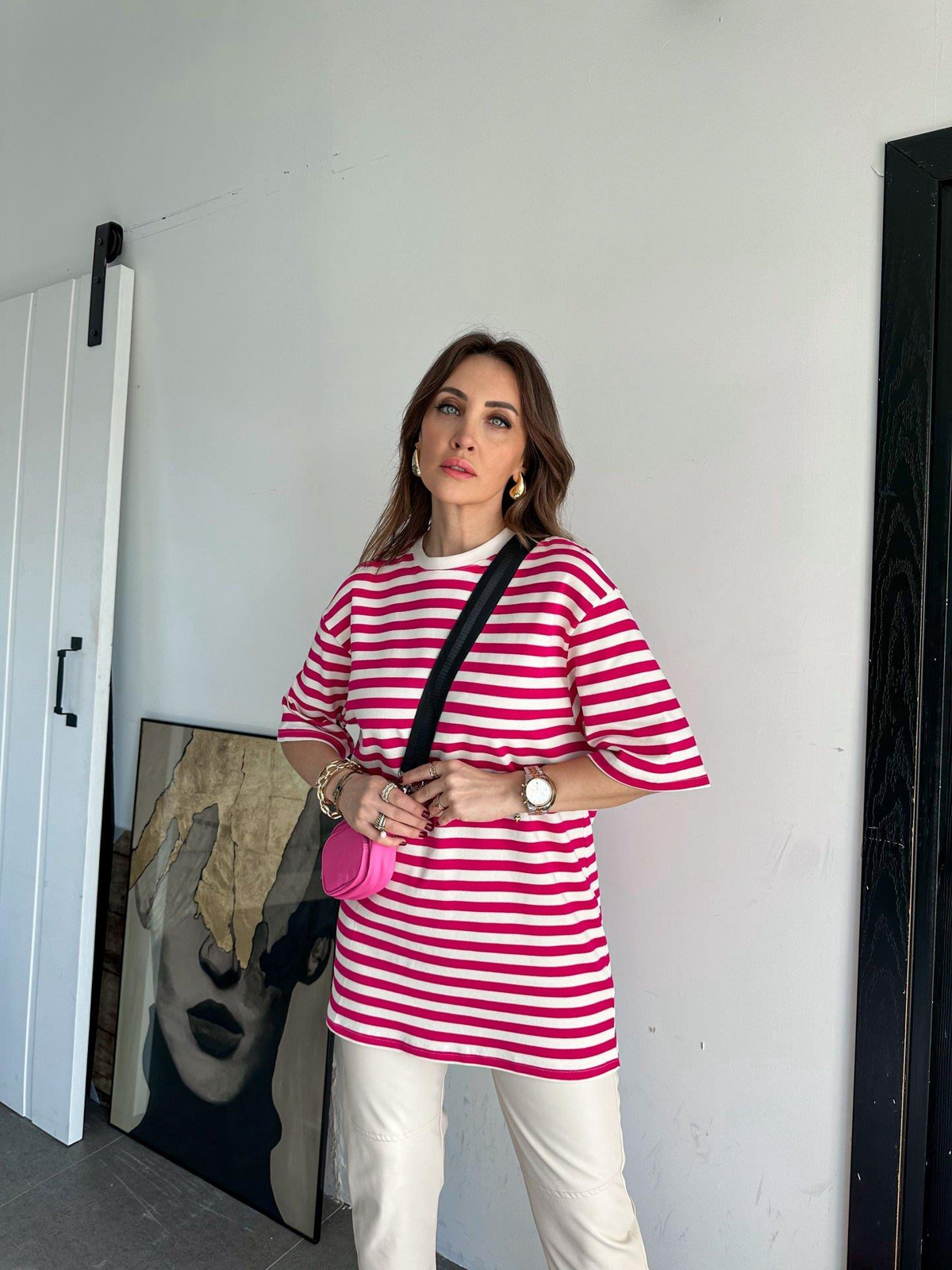 Pembe Çizgili Cotton Tshirt