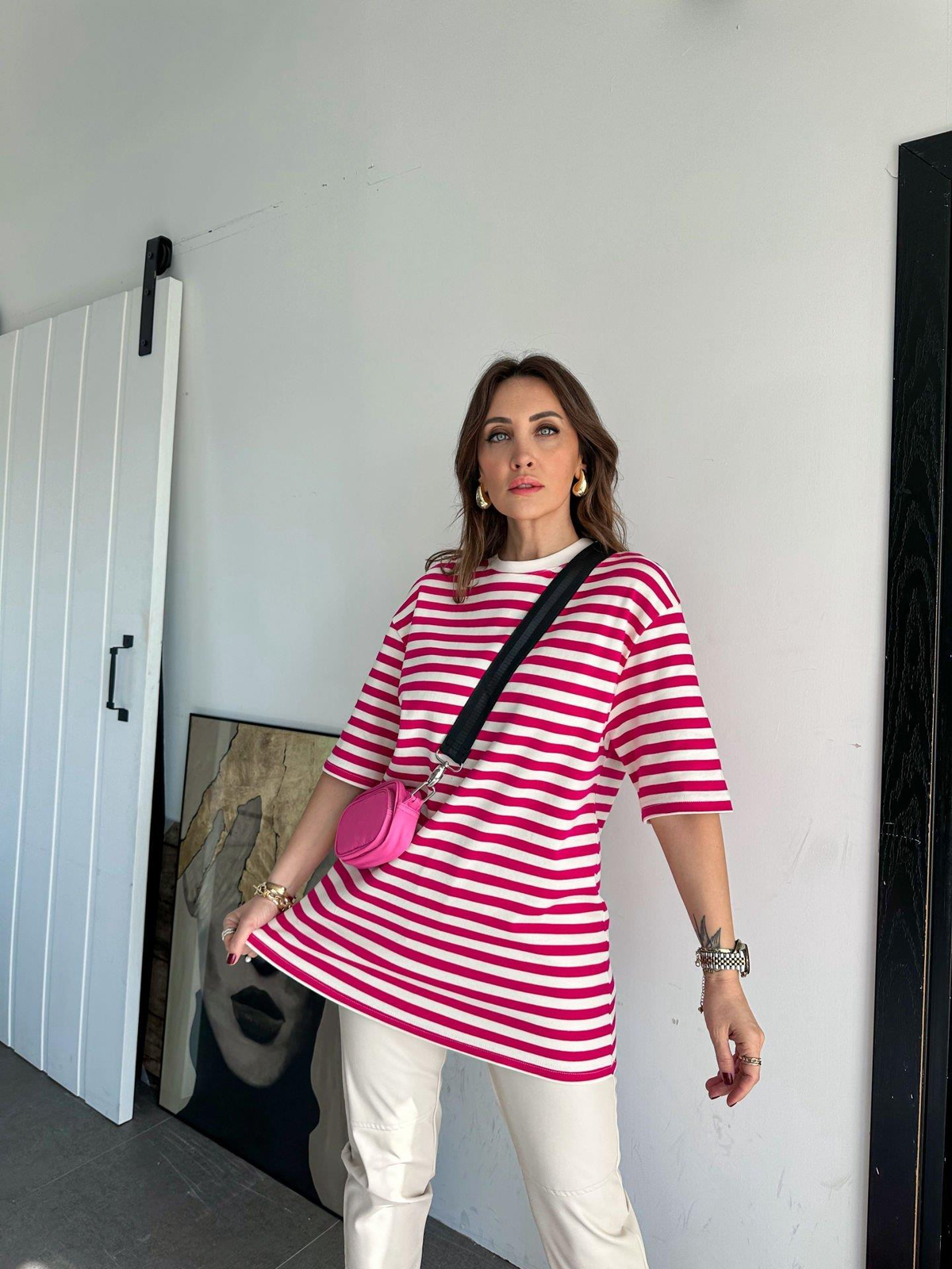 Pembe Çizgili Cotton Tshirt