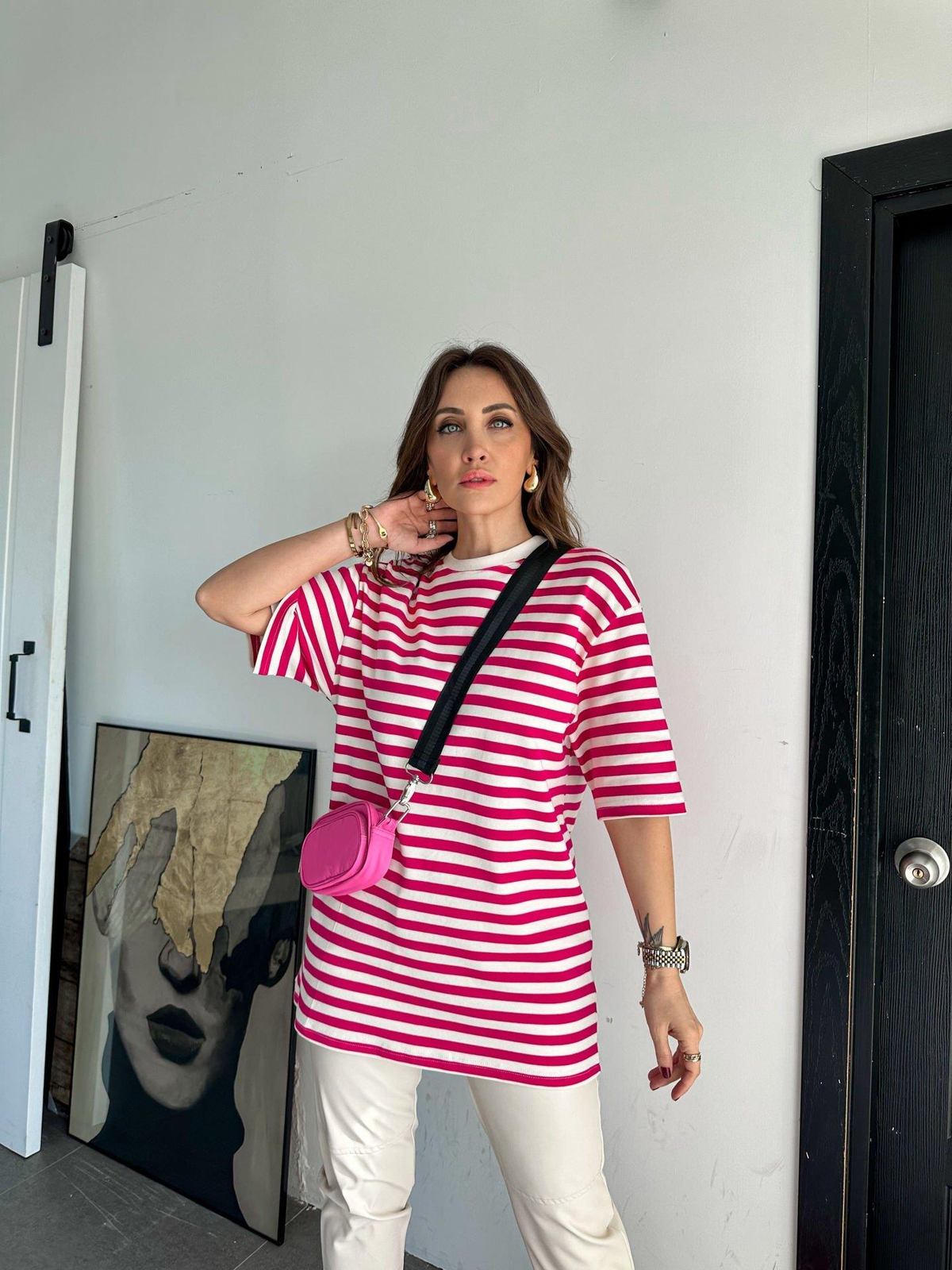 Pembe Çizgili Cotton Tshirt