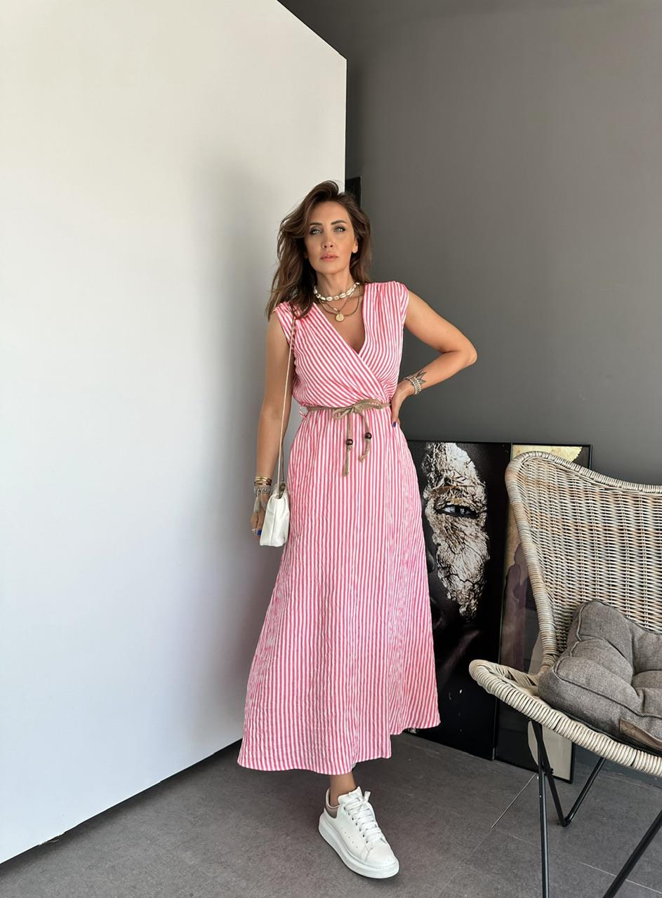 Pembe Çizgili Kruvaze Yaka Elbise