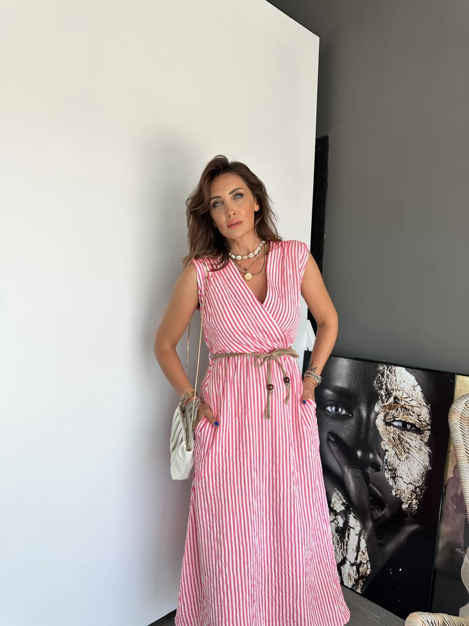 Pembe Çizgili Kruvaze Yaka Elbise