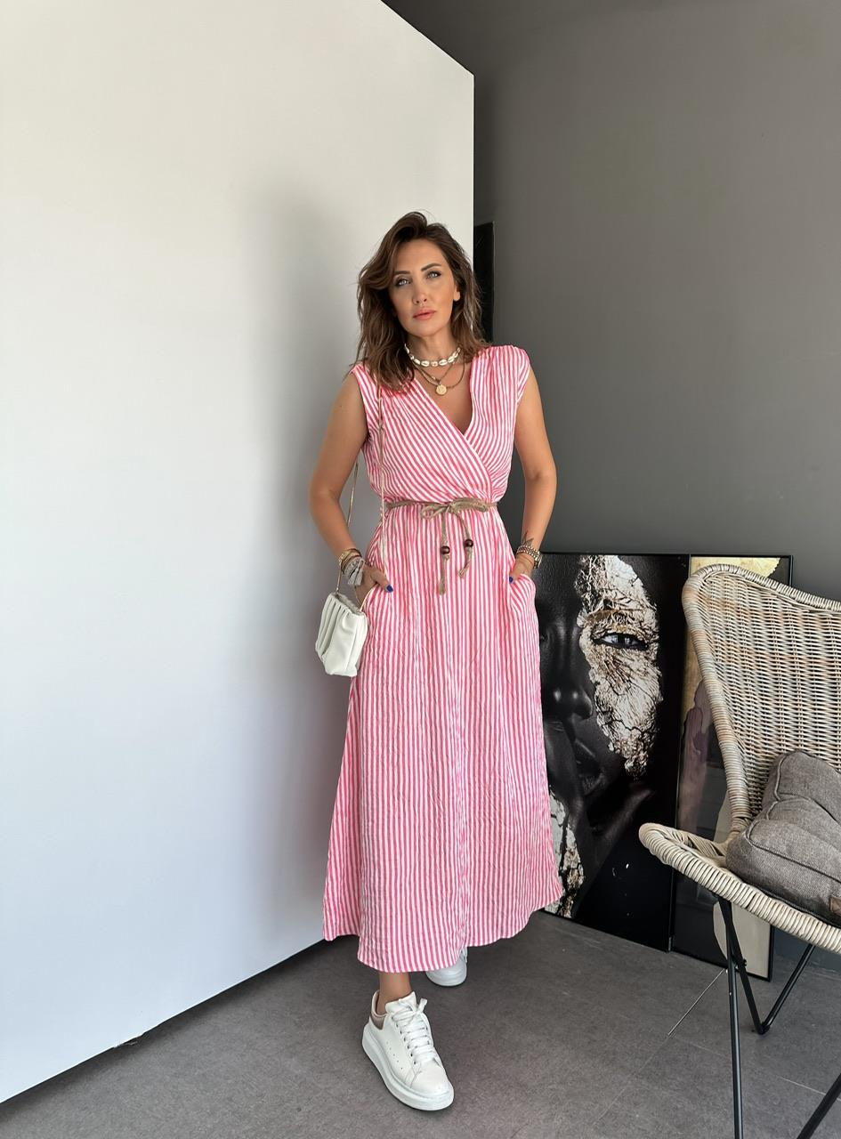 Pembe Çizgili Kruvaze Yaka Elbise