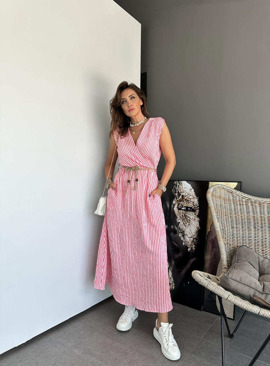 Pembe Çizgili Kruvaze Yaka Elbise